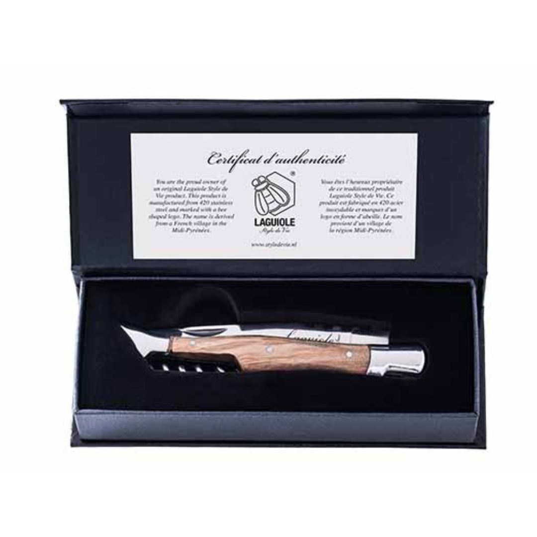 LUXURY LINE ZAKMES 2,5MM MET KURKENTREKKER – OLIJFHOUT – Laguiole