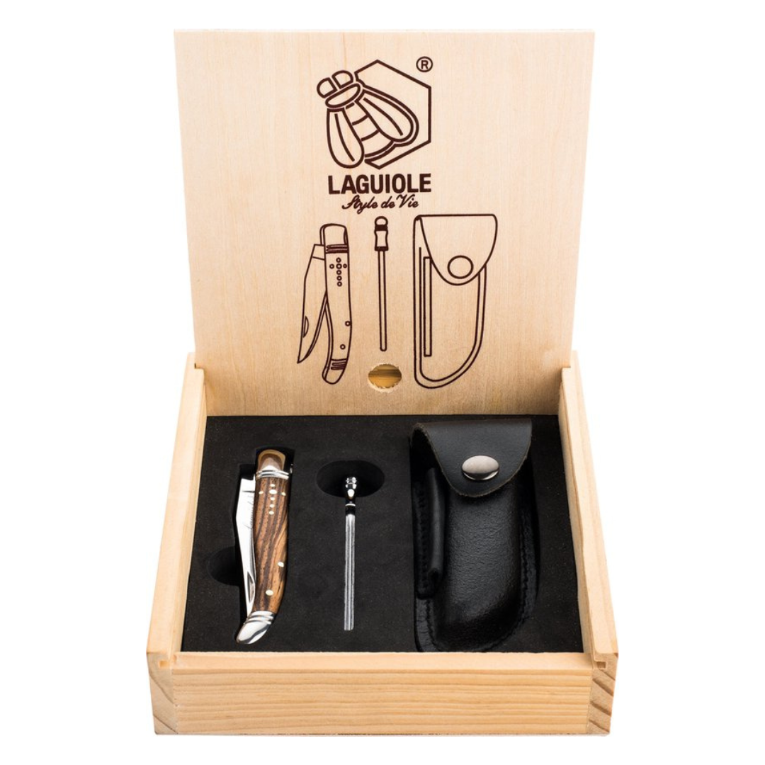 LUXURY LINE ZAKMES ZEBRANO HOUT INCL. AANZETSTAAL EN LEREN HOES – Laguiole