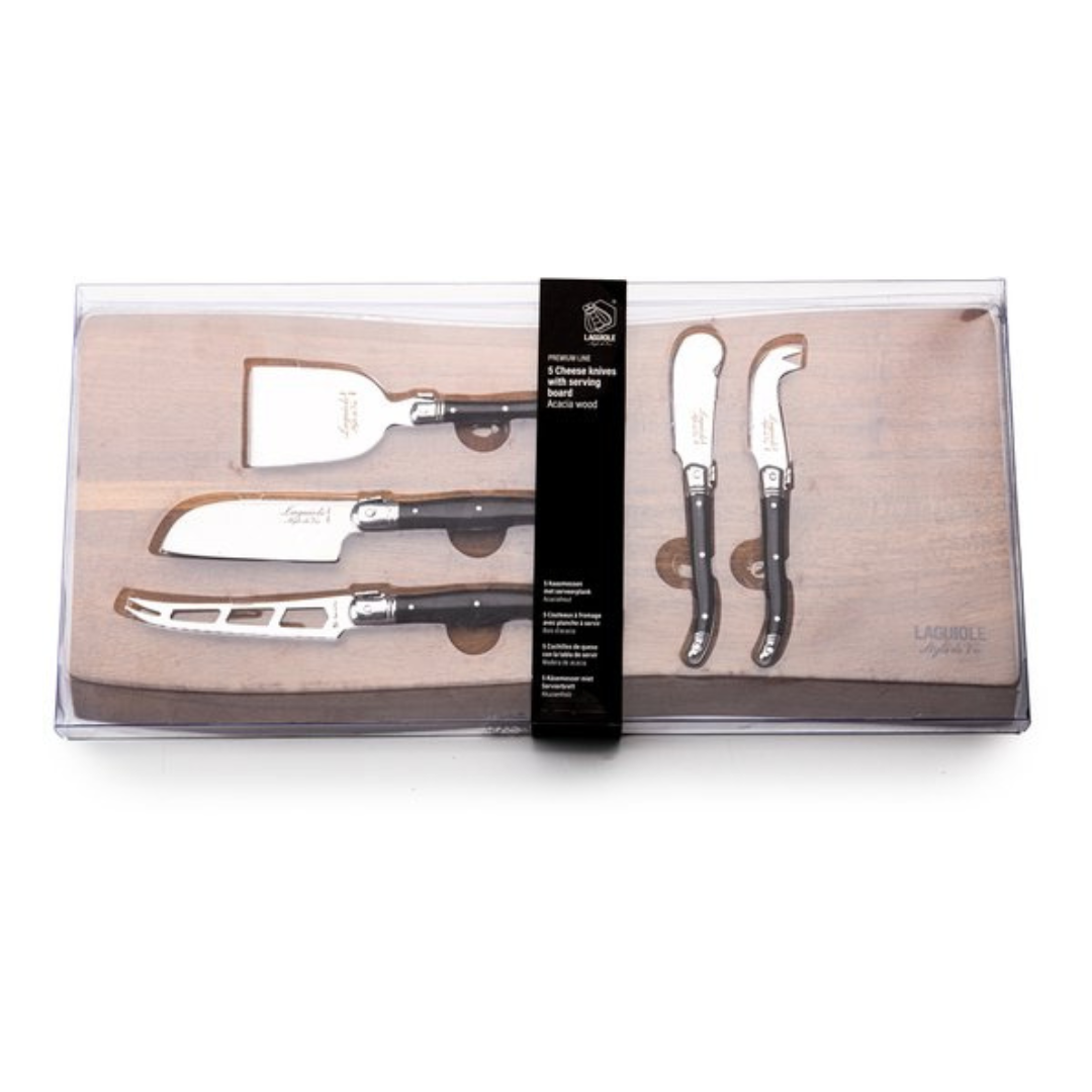 PREMIUM LINE KAASMESSENSET 5PCS ZWART MET SERVEERPLANK ACACIA