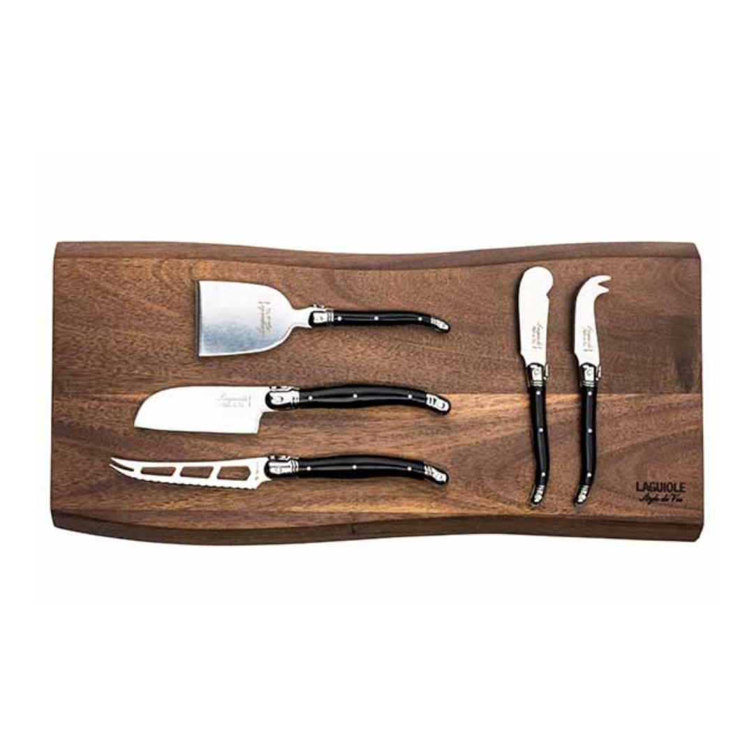 PREMIUM LINE KAASMESSENSET 5PCS ZWART MET SERVEERPLANK ACACIA
